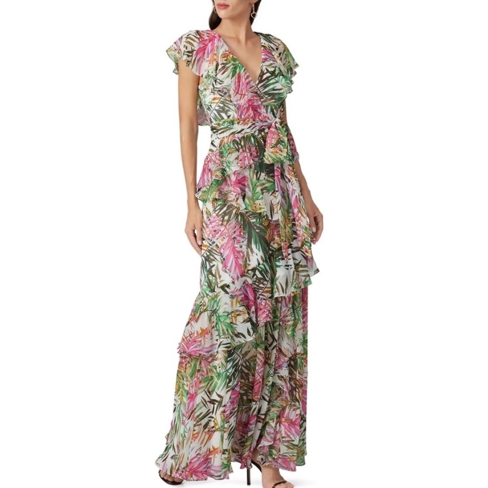 Badgley Mischka Tropical Multi Palm Faux Wrap Flutter Sleeve Ruffle Maxi Dress 2